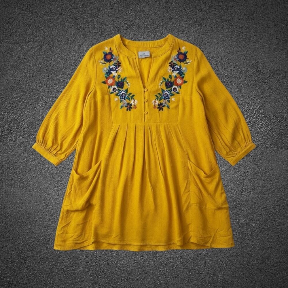 Blu Heaven Womens Embroidered Floral Long Sleeve Dress Mustard Yellow S Cottage